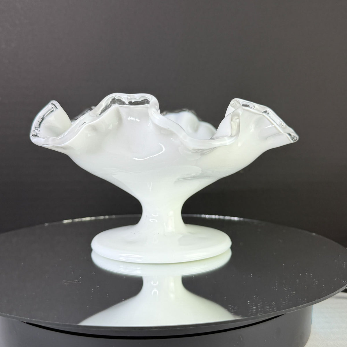 Vintage Fenton Silver Crest Milk Glass Ruffled Pedestal Candy Dish 7"