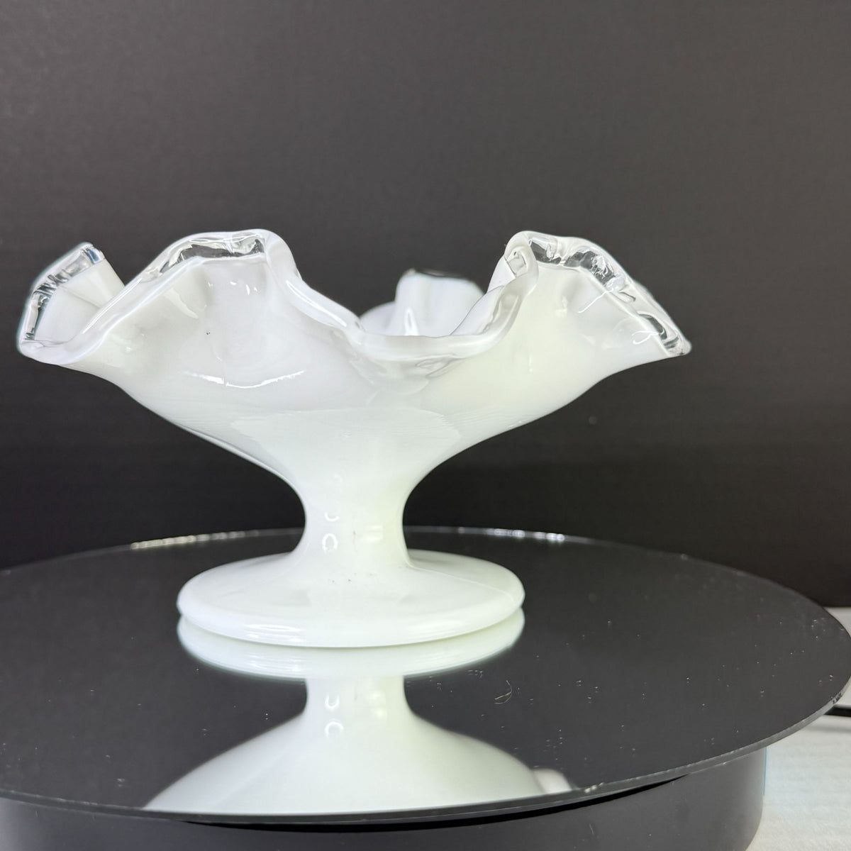 Vintage Fenton Silver Crest Milk Glass Ruffled Pedestal Candy Dish 7"