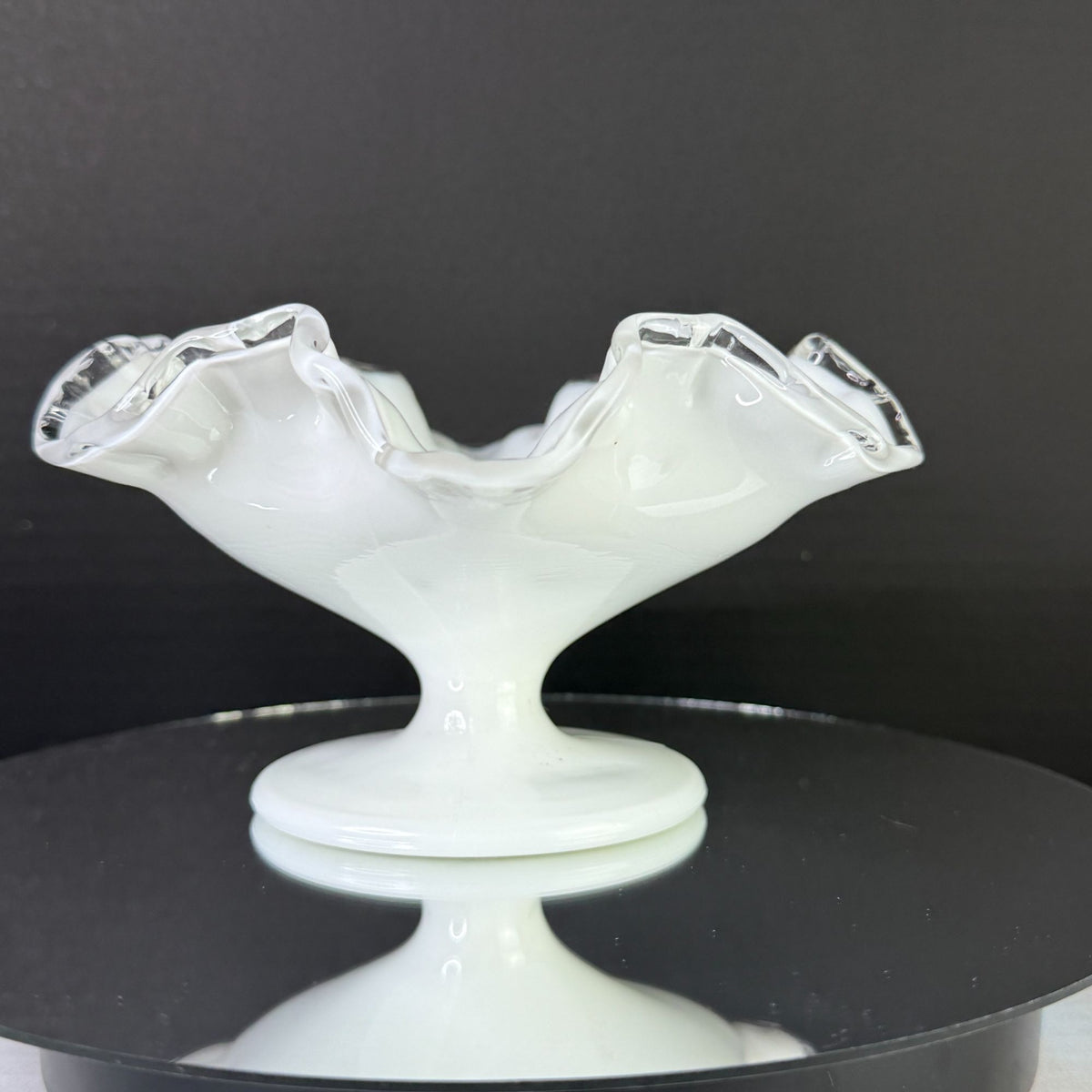 Vintage Fenton Silver Crest Milk Glass Ruffled Pedestal Candy Dish 7"