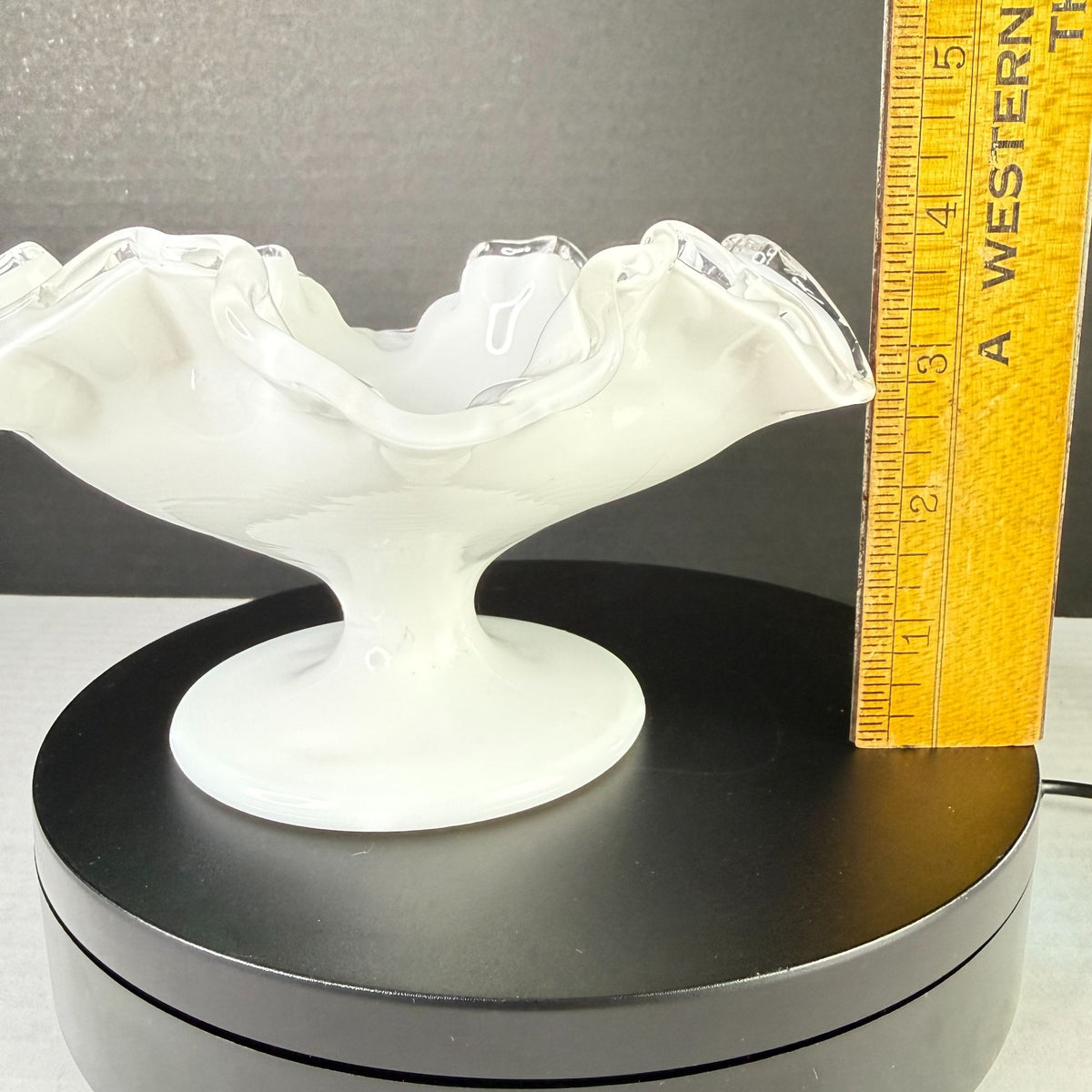 Vintage Fenton Silver Crest Milk Glass Ruffled Pedestal Candy Dish 7"