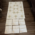 Vintage Cross Stitch Embroidered Tablecloth 6 Napkins Set Green Yellow 7 Pc