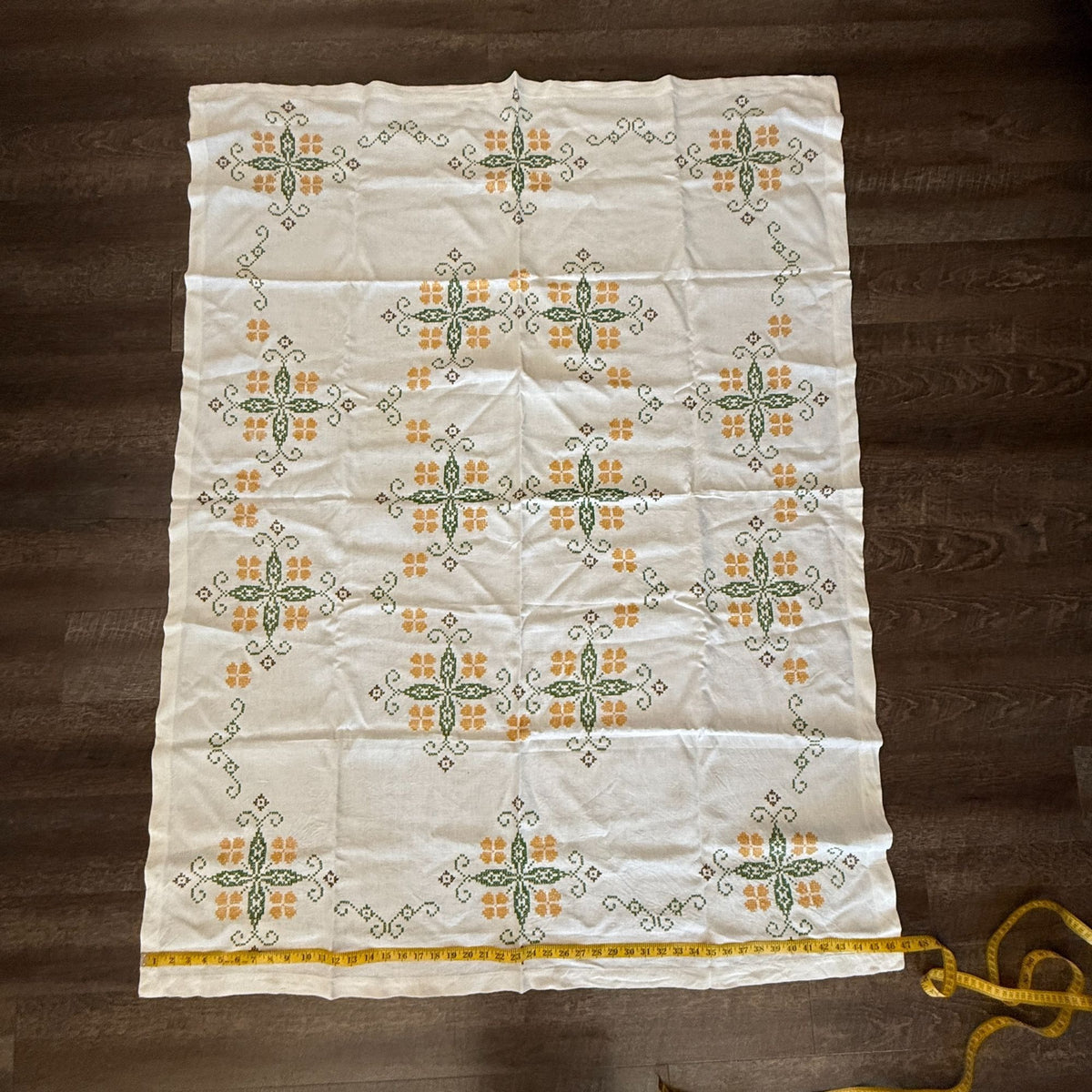 Vintage Cross Stitch Embroidered Tablecloth 6 Napkins Set Green Yellow 7 Pc