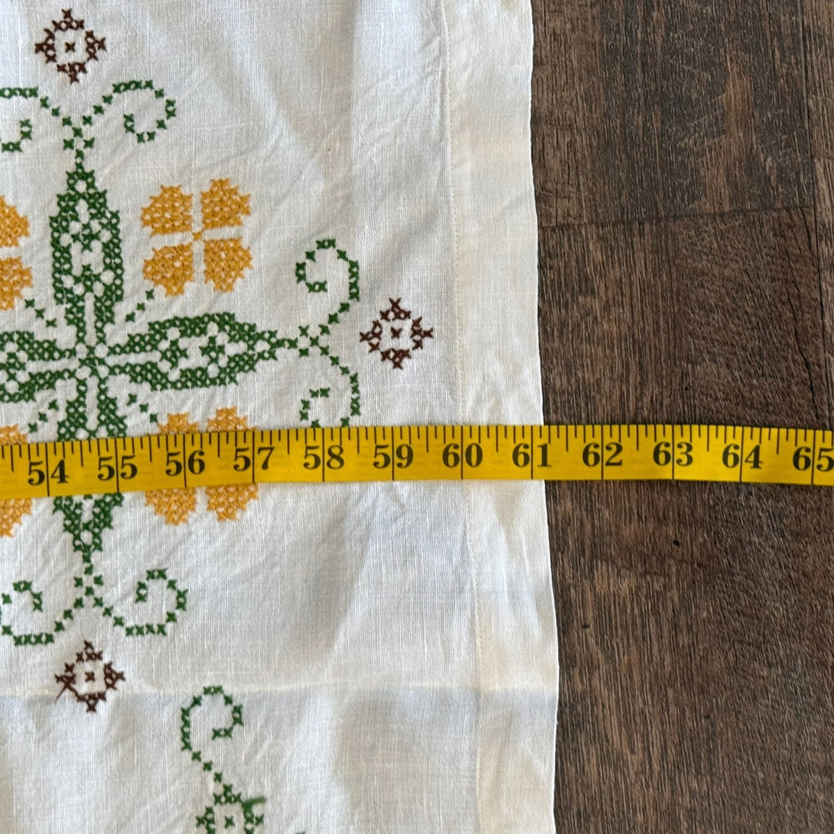 Vintage Cross Stitch Embroidered Tablecloth 6 Napkins Set Green Yellow 7 Pc