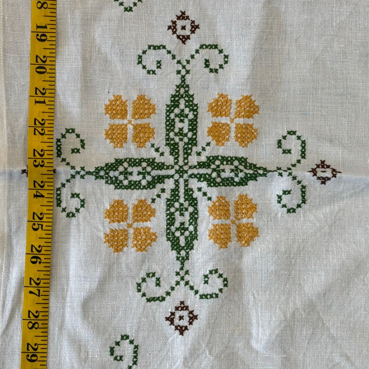 Vintage Cross Stitch Embroidered Tablecloth 6 Napkins Set Green Yellow 7 Pc