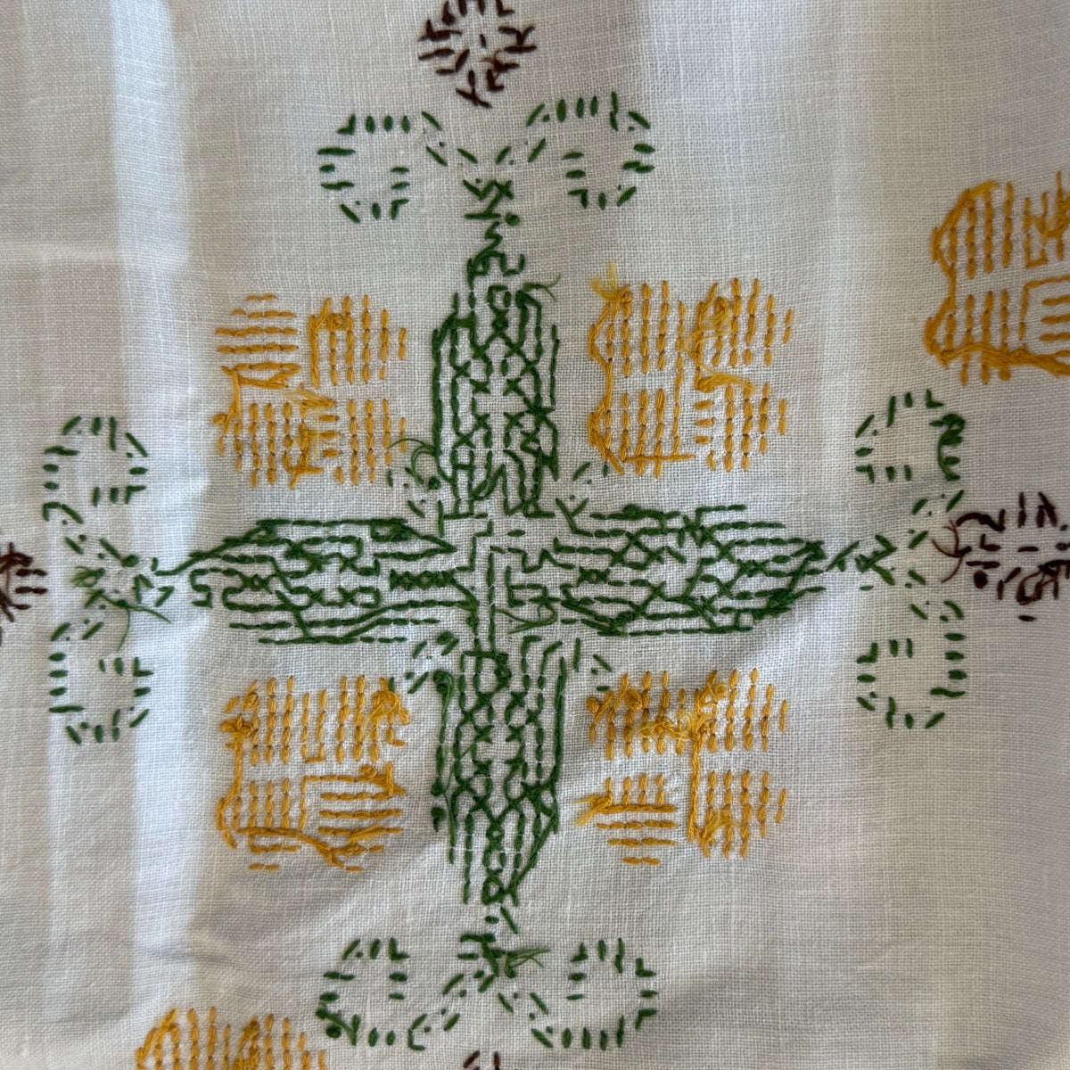Vintage Cross Stitch Embroidered Tablecloth 6 Napkins Set Green Yellow 7 Pc