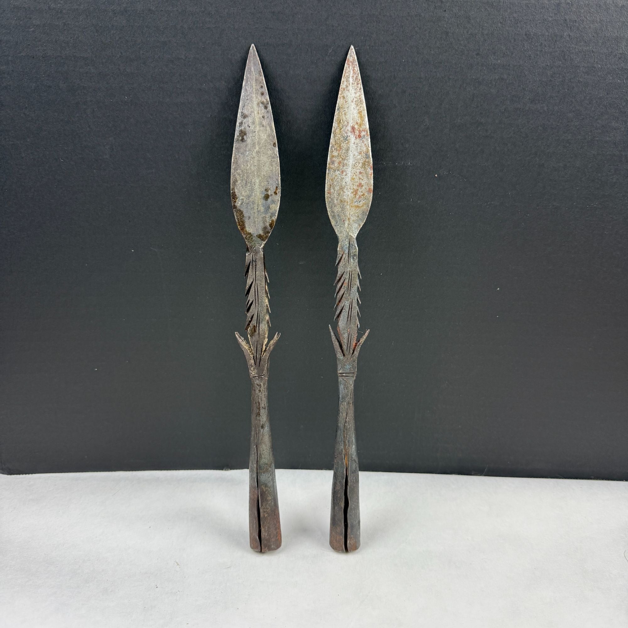 Vintage African Tribal Forged Barbed Fishing Hunting Spear Set of 2