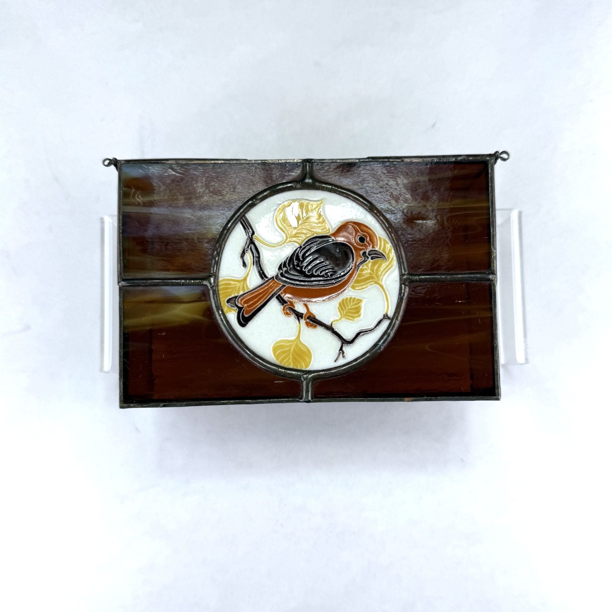 Vintage Leaded Slag Stained Glass Box With Inlayed Bird Design