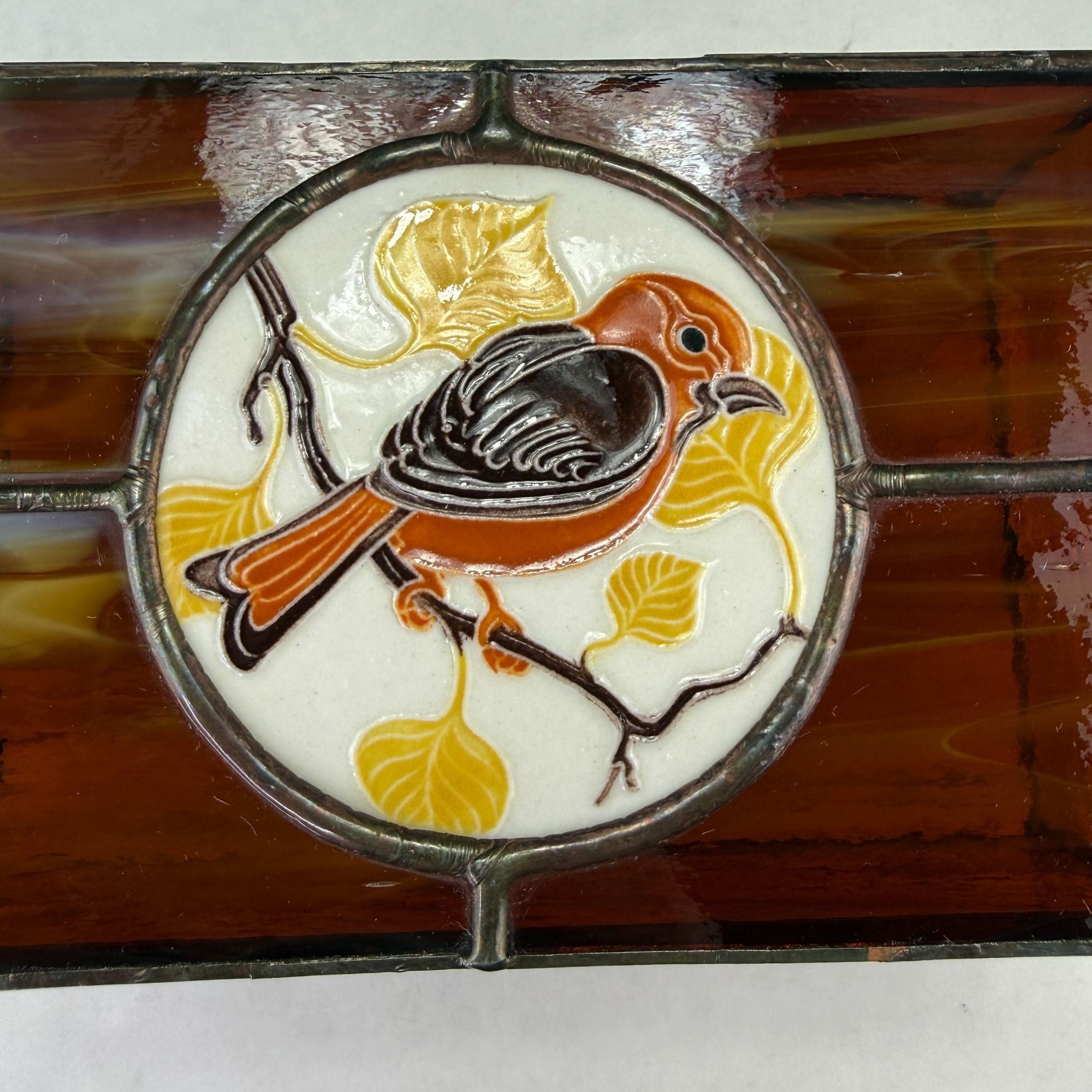 Vintage Leaded Slag Stained Glass Box With Inlayed Bird Design