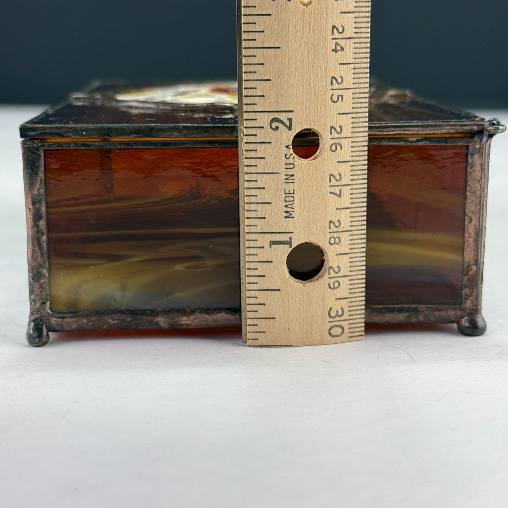 Vintage Leaded Slag Stained Glass Box With Inlayed Bird Design
