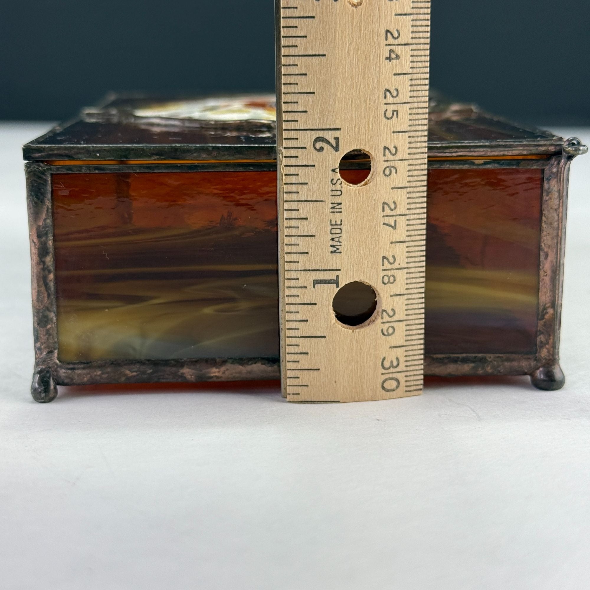 Vintage Leaded Slag Stained Glass Box With Inlayed Bird Design