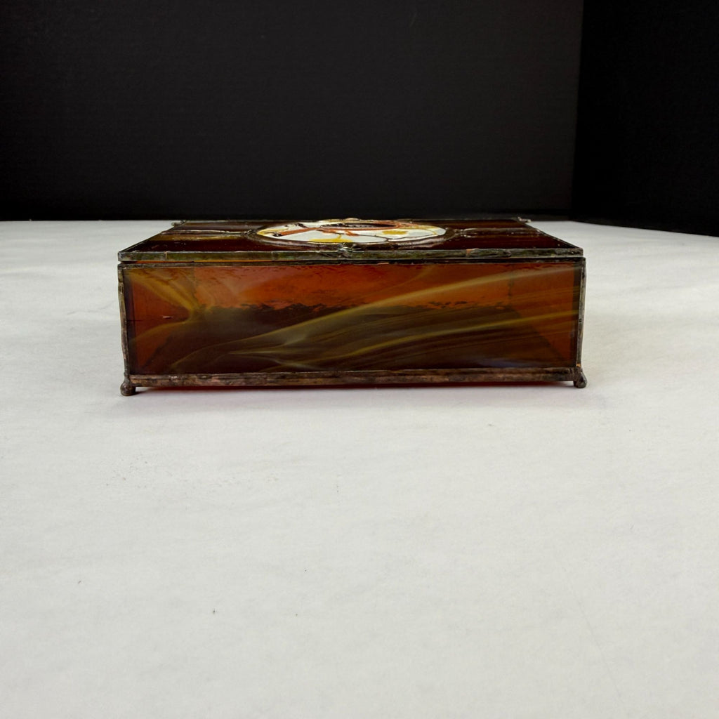 Vintage Leaded Slag Stained Glass Box With Inlayed Bird Design