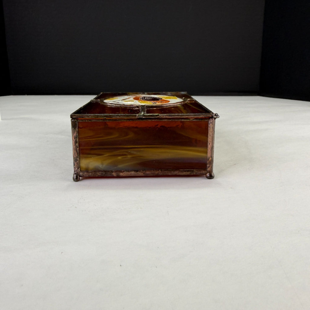 Vintage Leaded Slag Stained Glass Box With Inlayed Bird Design