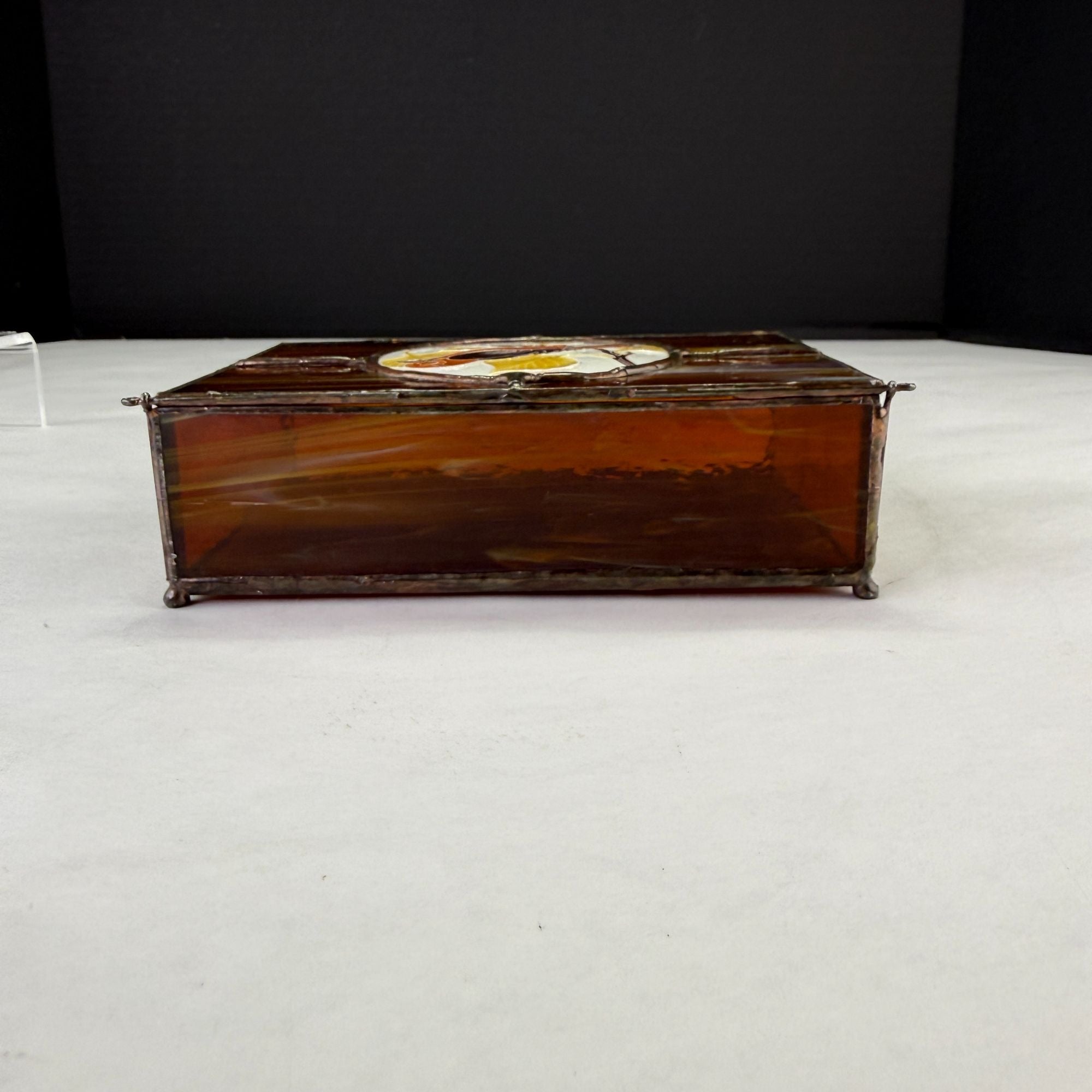 Vintage Leaded Slag Stained Glass Box With Inlayed Bird Design