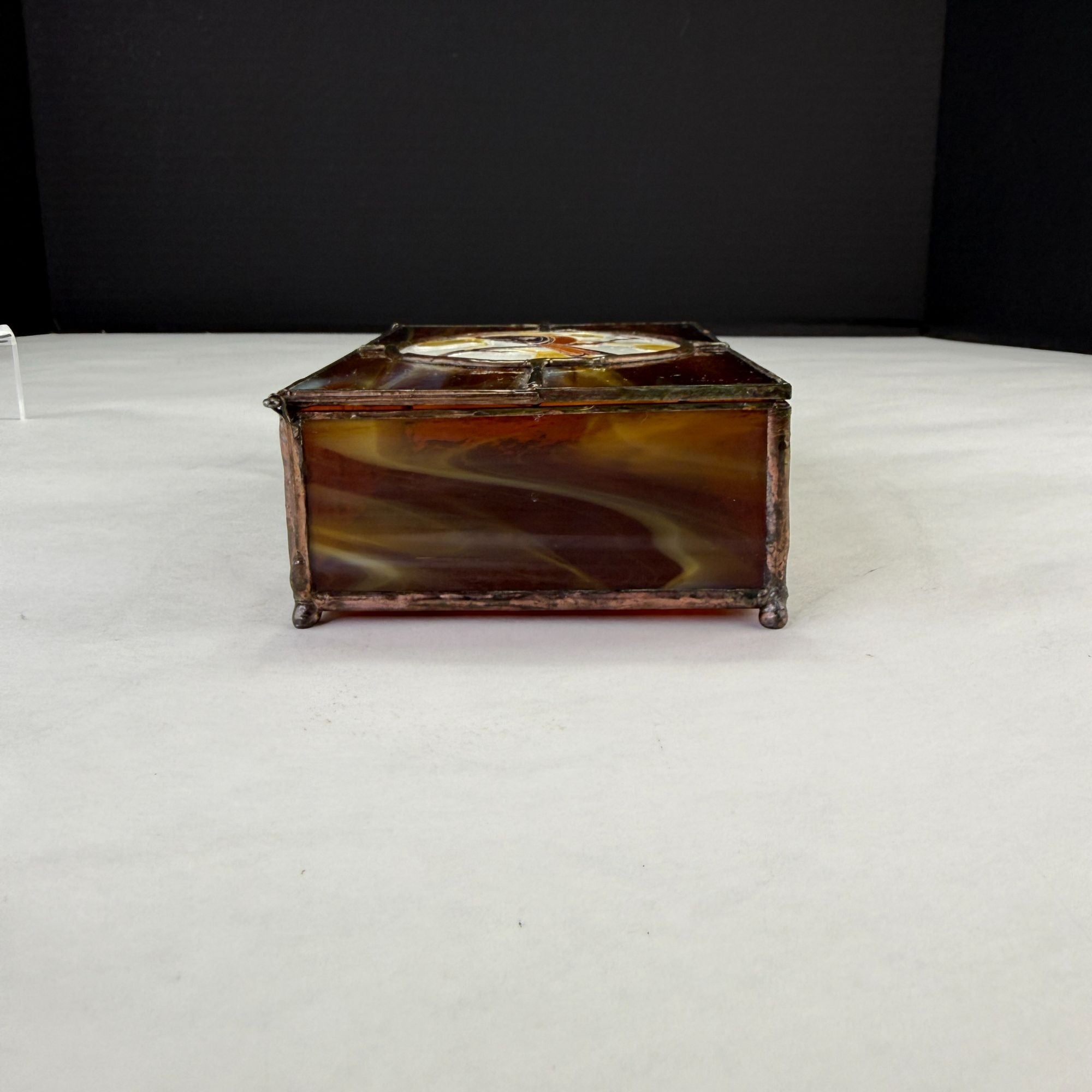 Vintage Leaded Slag Stained Glass Box With Inlayed Bird Design