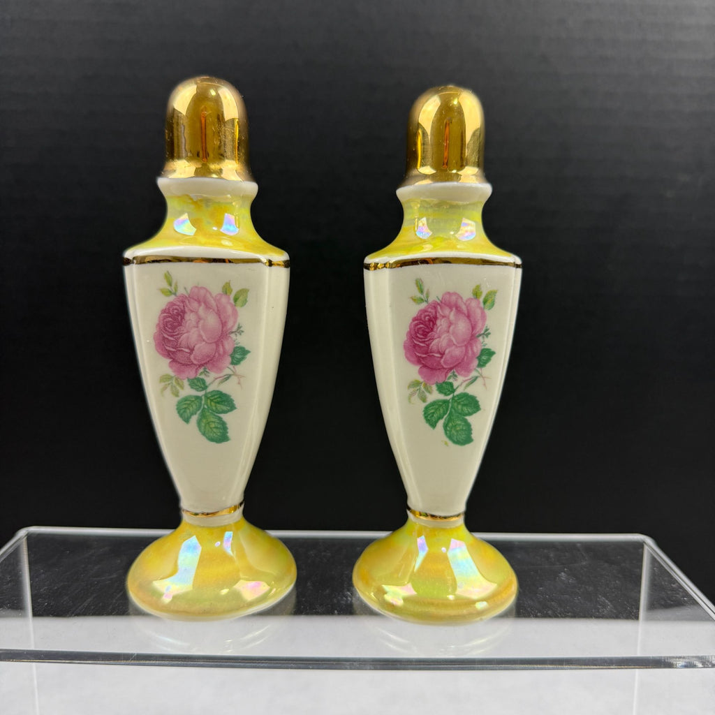Vintage Lusterware Yellow Pink Rose Salt and Pepper Shakers