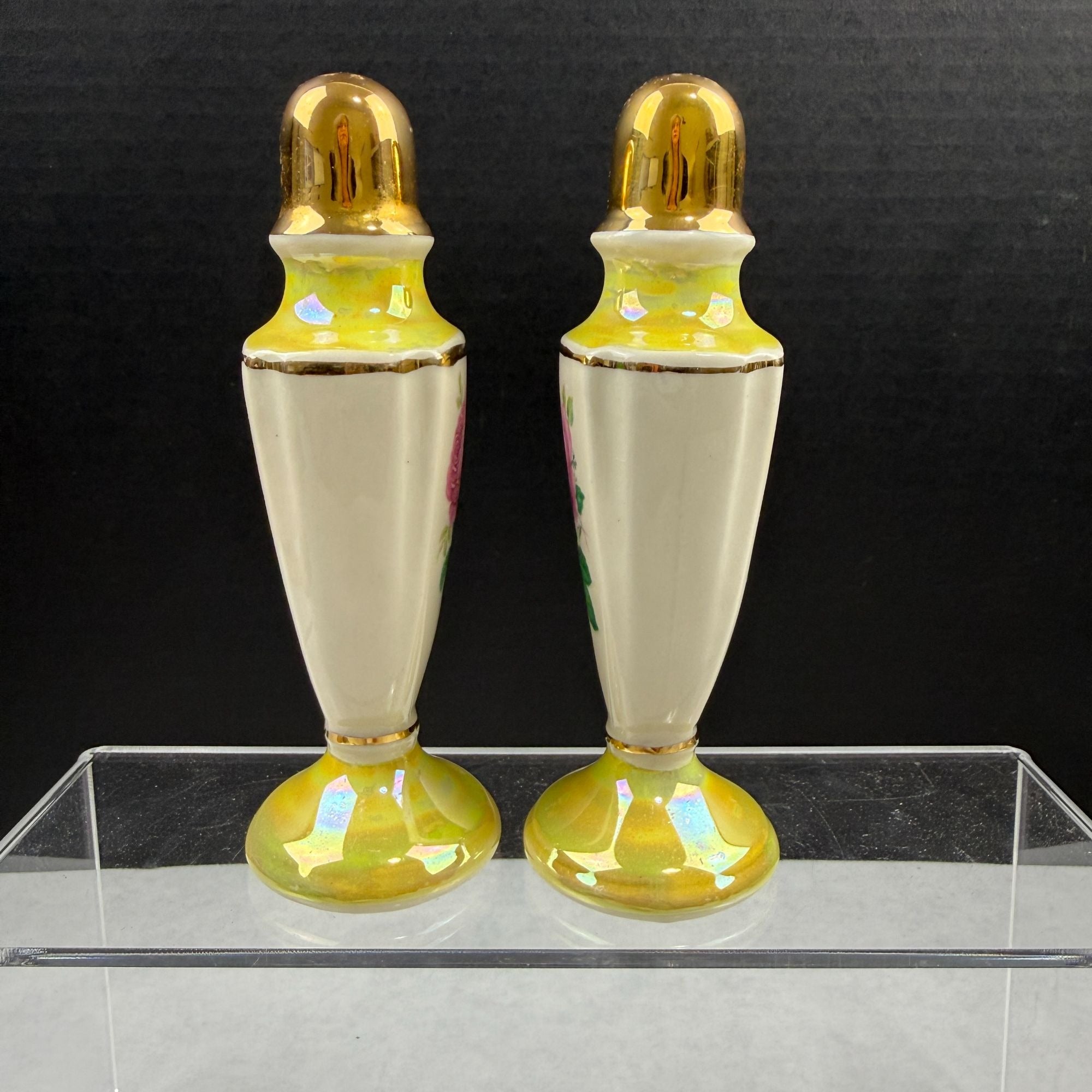 Vintage Lusterware Yellow Pink Rose Salt and Pepper Shakers