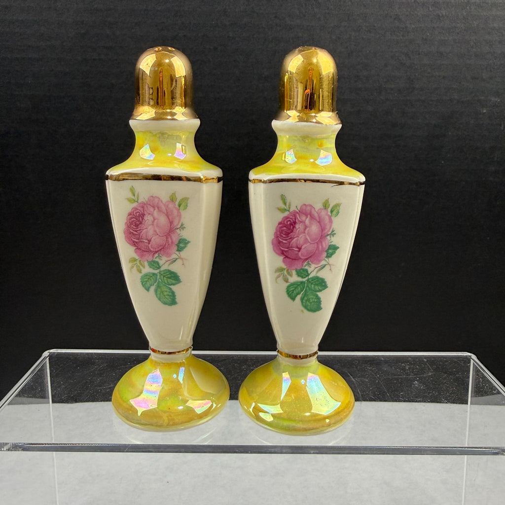 Vintage Lusterware Yellow Pink Rose Salt and Pepper Shakers