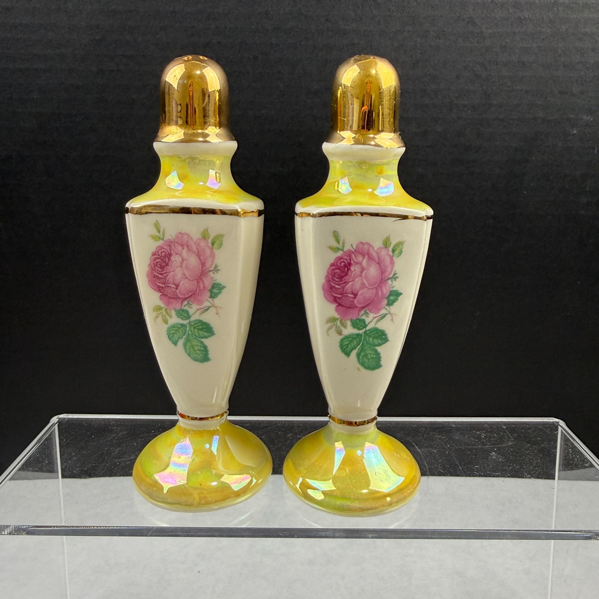 Vintage Lusterware Yellow Pink Rose Salt and Pepper Shakers