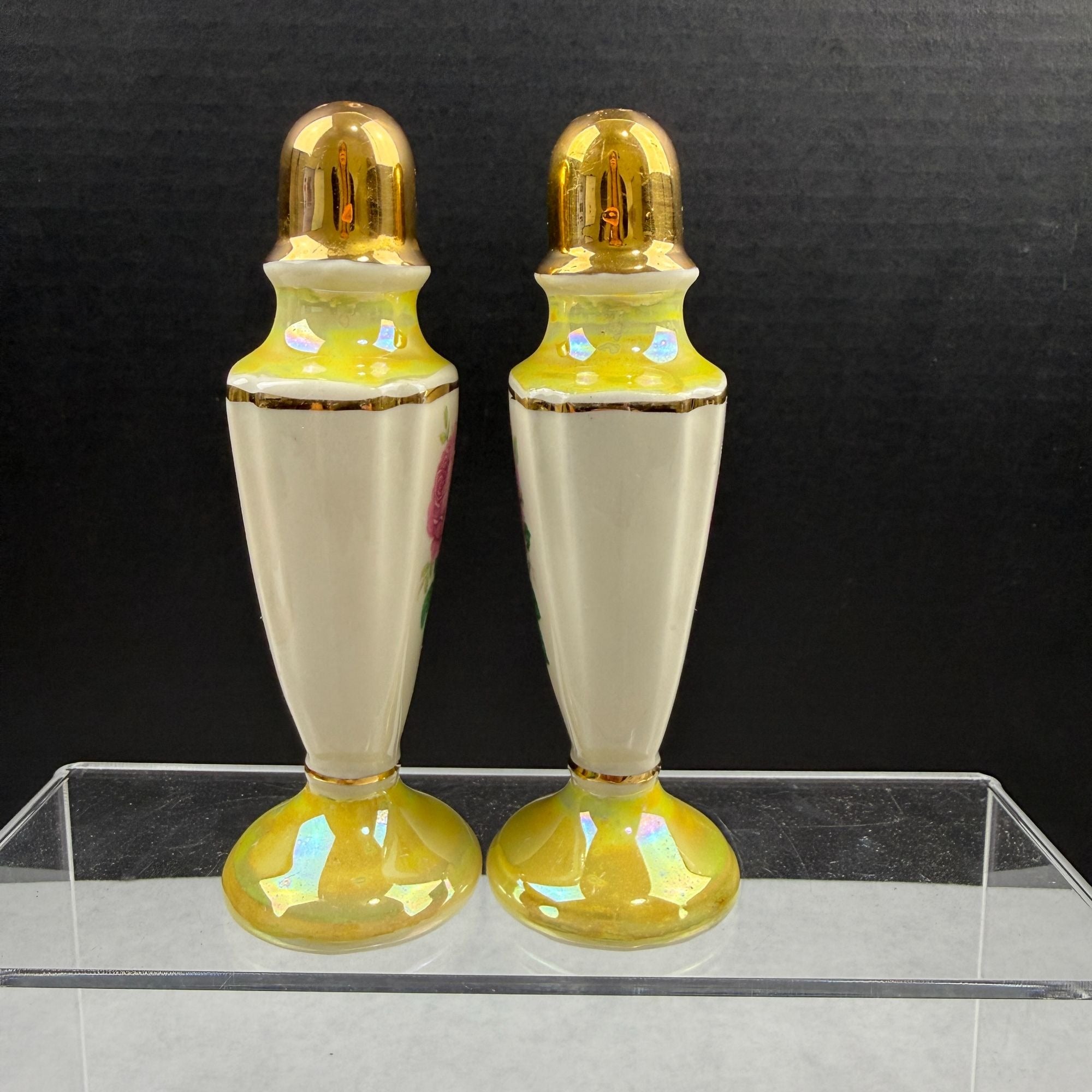 Vintage Lusterware Yellow Pink Rose Salt and Pepper Shakers