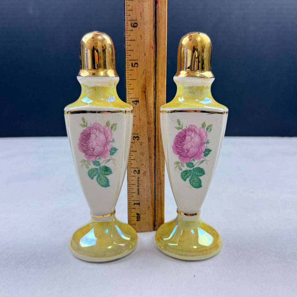 Vintage Lusterware Yellow Pink Rose Salt and Pepper Shakers